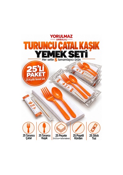 Lüks Turuncu Çatal Kaşık Yemek Seti 25 Kişilik 33 33 Cm Garson Katlamalı Peçete, Poşetli Kürdan Ve Stick Tuz