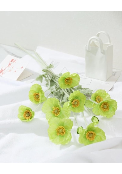 Yapay Çiçek Gelincik Çiçeği Yeşil Renk 3 Çiçek 1 Tomurcuk 59cm Yeşil
