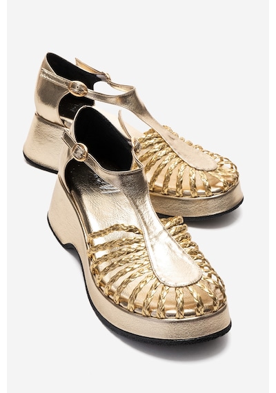 Luvishoes Barry Altın Örgü Detaylı Kadın Dolgu Topuklu Sandalet Altın