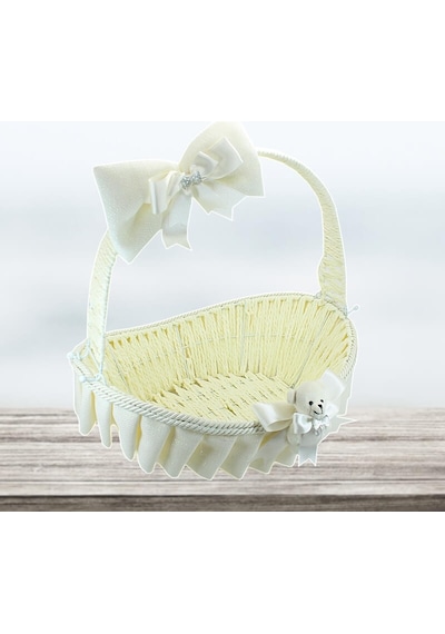 Saplı Oval Kumaş Süslü Sepet 36 Cm Orta Boy Krem