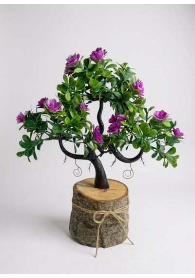 Yapay Çiçek Lila Çiçekli Bonsai Ağacı Dekoratif Kütük Saksıda Yapay Ağaç Bonzai Losus Çiçekli