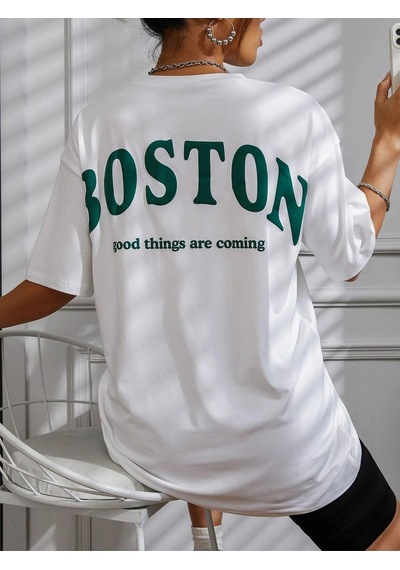 Kadın Beyaz Oversiz Boston Baskılı Örme T-shirt Beyaz-58930