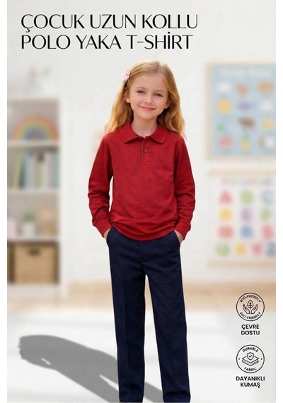 Erdem Kıds Unisex Kız Erkek Çocuk Polo Yaka Pamuklu Uzun Kol Kırmızı Günlük Basic Okul Tişört Kırmızı Kırmızı