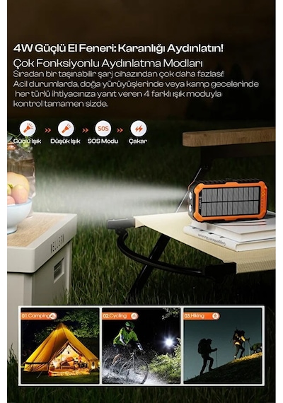 Güneş Enerjili Powerbank 20.000 Mah Taşınabilir Şarj Dahili Kablo Solar Şarj Cihazı Siyah - Turuncu