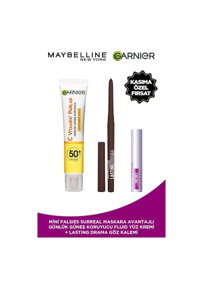 Garnier C Vitamini Parlak Görünmez Doku Yüz Güneş Kremi SPF50+ 40 ML + Lasting Drama Eyeliner Kahverengi + Mini Surreal Mascara