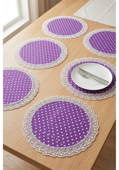 Amerikan Servis 6 Lı Set Mor Puantiyeli Dantel Kenarlı Masa Örtüsü Alternatifi