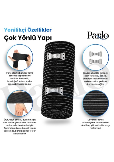 Parlo Siyah Elastik Bandaj 15 Cm X 1,5 M 3 Lü Set %300 Esnek, 4,5 M Ye Kadar Uzayan, Metal Kancalı Destek Ve Sargı Bandajı