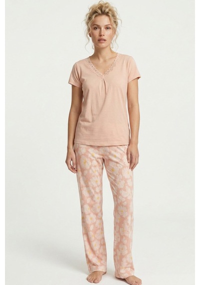 Siyah İnci Dantelli Viskon Örme Pijama Takım 8065 Somon