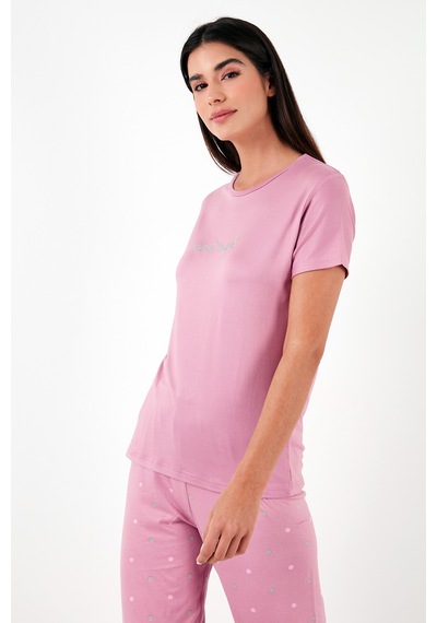 Lela Regular Fit Bisiklet Yaka Kısa Kollu Bayan Pijama Takımı 65750107 Pudra