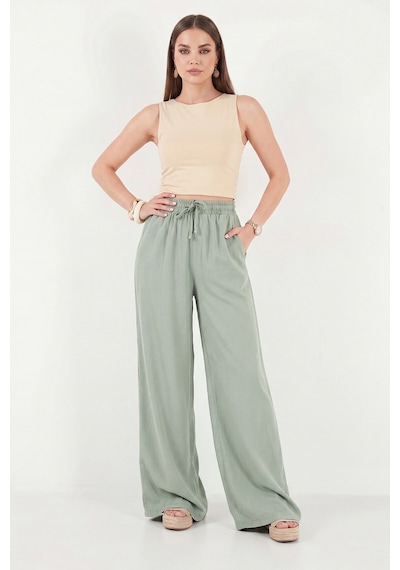 Lela Pamuklu Relaxed Fit Yüksek Bel Geniş Paça Pantolon Bayan Pantolon 668yp5559 Açık Haki