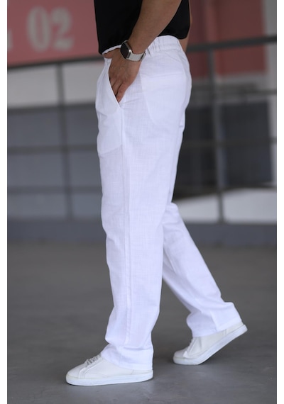 Bürke Çift Pileli Beyaz Renk Beli Yarım Lastikli Kaliteli Rahat Kesim Keten Baggy Pantolon