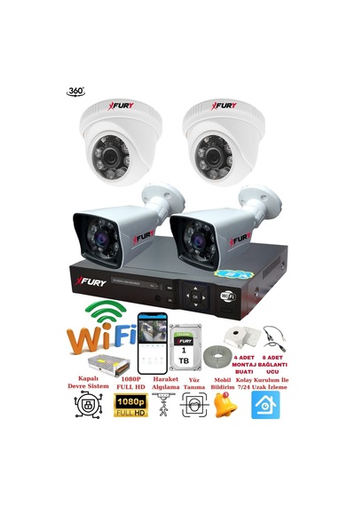 Fury 4 Kameralı 5mp 3.6mm Lens 2mp Görüntü 6 Atom Led Gece Görüşlü Full Hd Güvenlik Kamerası 251412 1 Tb