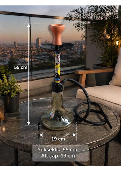 Nargile Takımı 55 Cm Büyük Boy Cam Şişe Modern Desenli Lüleli Nargile Seti Hortumlu Ev Balkon Bahçe Kullanımı