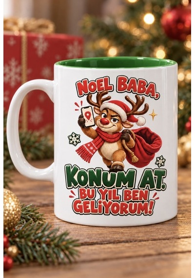 Mesela Yılbaşı Kupası Noel Baba Konum At Desenli Yeşil İçli Hediyelik Kahve Kupa Bardak Beyaz