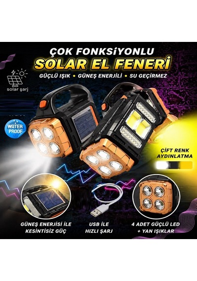 Yüksek Kalite Full Fonksiyonlu El Feneri Şarjlı Solor Usb Çıkışlı Beyaz Led Işıklı Abber Led Işıklı Siyah