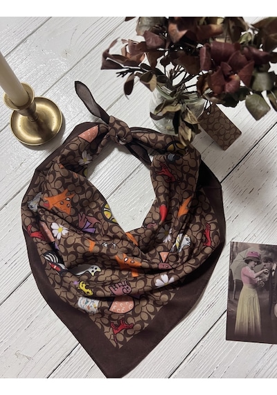 Trend Dokunuş Kadın 70-70 Kedili Hayvan Figürlüfular Bandana Kahverengi