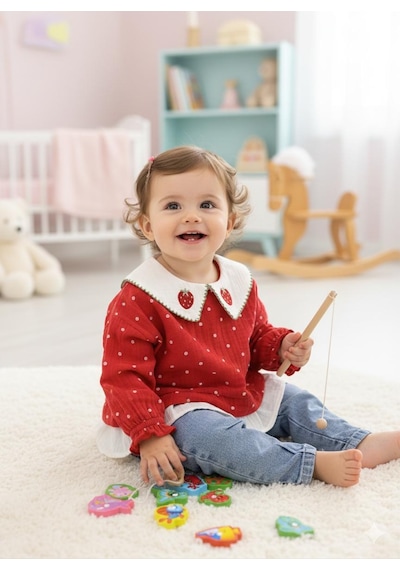 Alpbebe Çilek Yakalı Müslin Gömlekli Kot Pantolonlu 2'li Takım Kırmızı