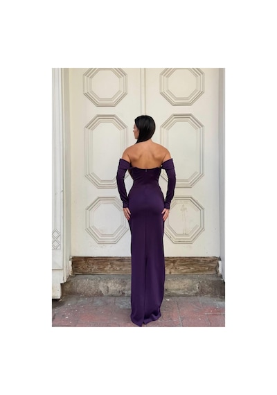 DefyModa Kadın El Emeği Dik Yaka Payetli Maxi Uzun Kollu Abiye Elbise Mor