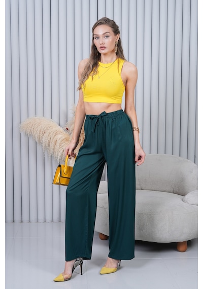 Polologin Butik Beli Bağcıklı Yüksek Bel Bol Paça Zümrüt Yeşili Pantolon Yeşil