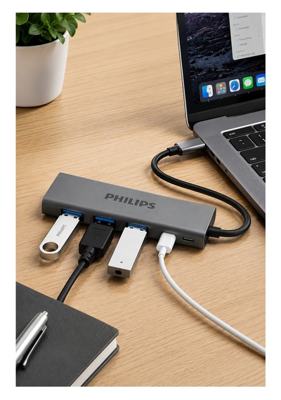 Philips Swr5041/00 Usb-c 4'ü 1 Arada Usb 3.0 Hub, 3x Usb-a + 1x Usb-c, 5gbps Veri Aktarımı
