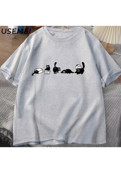 Flood Of Style Beş Ruh Kediler T-shirt Boy Kedi Anne Tee Komik Pamuk Kısa Kollu Kedi Severler T Shirt Erkek Gri