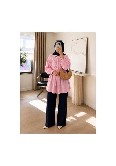 Unika Boutique Beli Büzgülü Çizgili Tesettür Gömlek Pembe