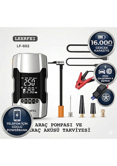 Leerfeı Lf-602 16.000 Mah Araç Akü Takviye Cihazı - Dijital Araç Lastik Şişirme Pompası Ve Powerbank