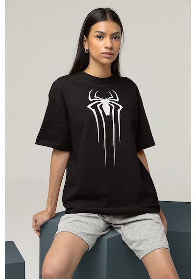 Örümcek Adam Film Logo Baskılı Unisex Marvel Oversize Tişört Siyah