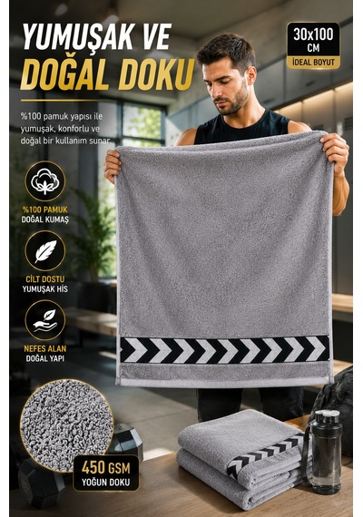 Gri 30x100 Cm %100 Pamuk 450 Gsm Spor Havlusu Fitness Gym Boks Tenis Golf Yüz Havlusu Yıkanabilir