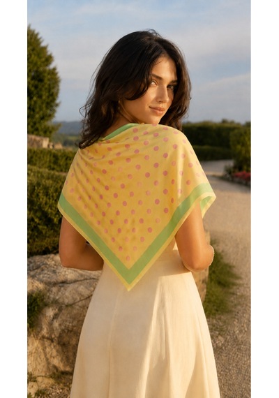 Tarzını Seç Premium Bordürlü Puantiye Üçgen Fular Sarı Mint 46x127cm