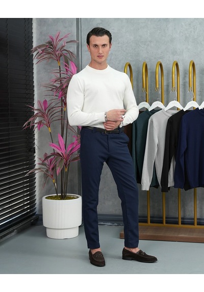 Modefendi Slim Fit Kalıp Pamuk Likra Sade Bisiklet Yaka Triko Kazak Beyaz