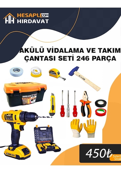 246 Parça Akülü Vidalama Ve El Aleti Seti Dolu Takım Çantası 13" -her Evin İhtiyacı