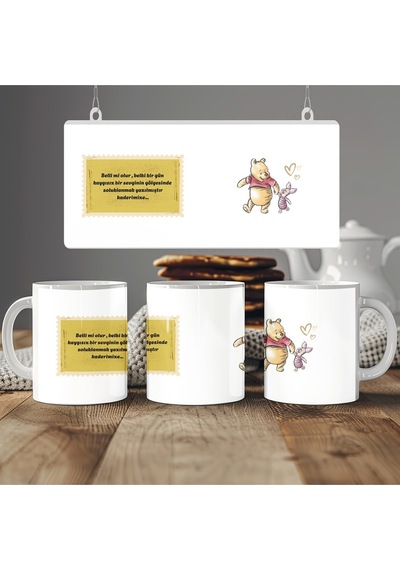 Winnie The Pooh Tasarım Sevgiyle Yazılmış Kupa Bardak Romantik, Duygusal, Sevgiliye Hediye Bardak Beyaz