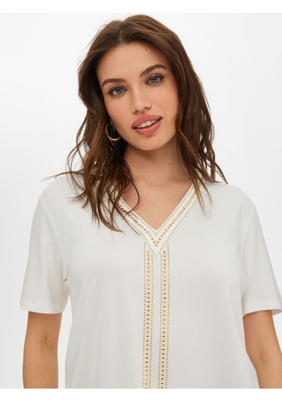 Faik Sönmez Gold Trok Taş Detaylı V Yaka Kısa Kol T-shirt S25tsh069 Us25tsh06973 Ekru