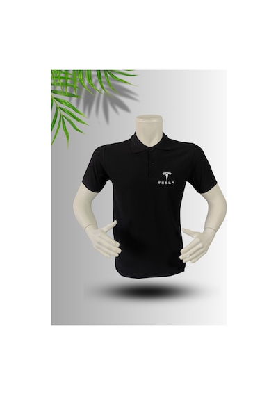 Dafri Tesla Logo Baskılı Polo Yaka Pamuk Tişört Siyah