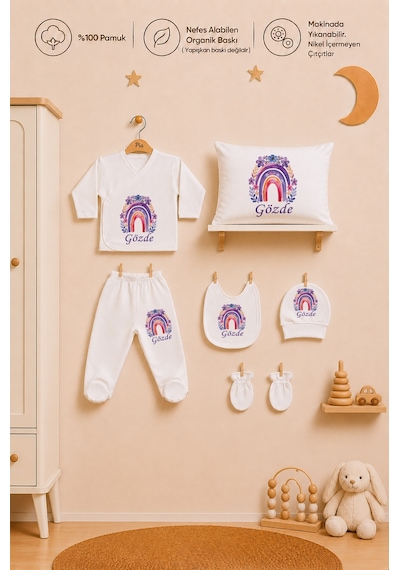 Pia Baby Kişiye Özel Erkek Bebek Hastane Çıkışı %100 Pamuk Organik Baskılı Zıbın Seti 1059zyb0x Ekru