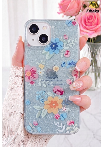 Fibaks iPhone 14 Plus/15 Plus Uyumlu Kılıf Mavi Simli Çiçek Desenli Renkli Parlak Darbe Emici