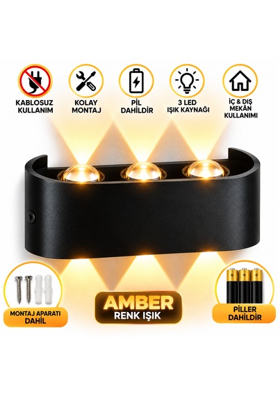 9v Pilli Kablosuz Duvar Apliği Iç Ve Dış Mekân Amber Renk Siyah Siyah