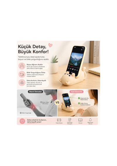 Sevimli Kedi Figürlü Telefon Tutucu Masa Üstü Dekoratif Telefon Standı, Ofis & Ev Aksesuarı Kahverengi