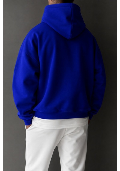 Tarz Cool Regular Kapüşonlu Sweatshirt Erkek Unisex 3 İplik Şardonlu %100 Pamuk Basic Hoodie Mavi