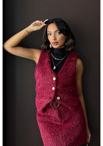 Verymoda Vintage Tarz Tüylü Kadın Yelek Vmf1985 Bordo