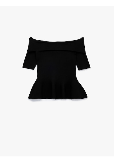 Koton Viskon Omzu Açık Kısa Kollu Peplum Triko Kazak Siyah 7wak90683ht