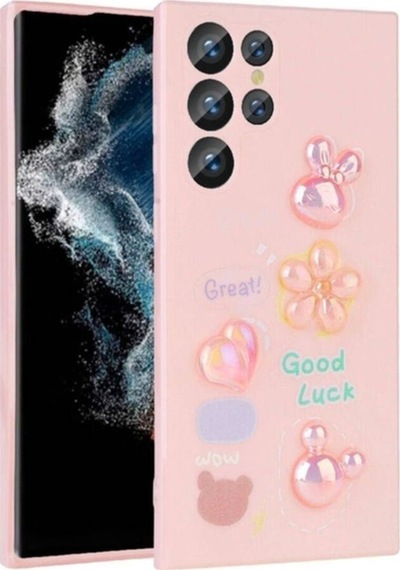 Galaxy S22 Ultra Kılıf Kabartma Figürlü Parlak Zore Toys Silikon Kapak Pembe