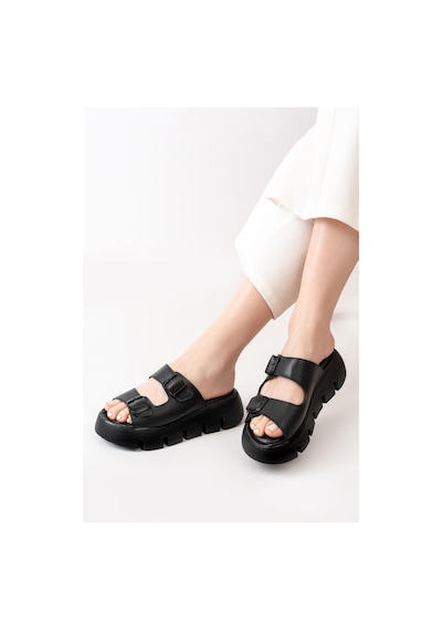 Asmi Shoes Kadın Çift Bantlı Kalın Taban Ortopedik Terlik Siyah Siyah
