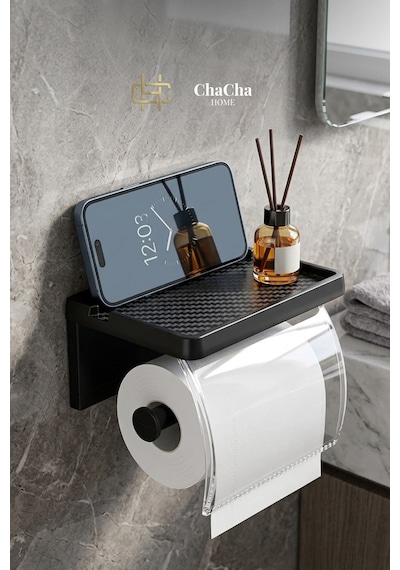 Raflı Tuvalet Kağıdı Askısı Yapışkanlı Kapaklı Banyo Organizer Siyah Siyah - Şeffaf