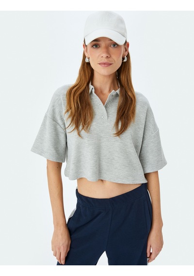 Koton Modal Rahat Kalıp Kısa Kollu Polo Yaka Crop Tişört Gri Melanj 5sak50024ek Gri Melanj