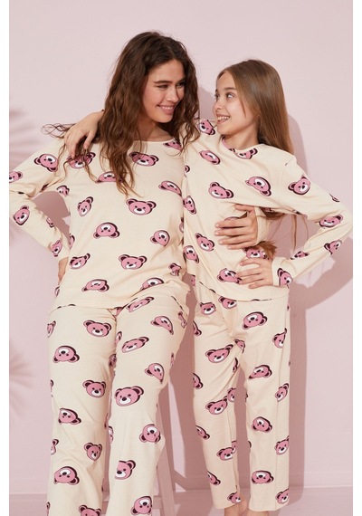 Siyah İnci Pamuklu Örme Pijama Takım 24241114 Krem