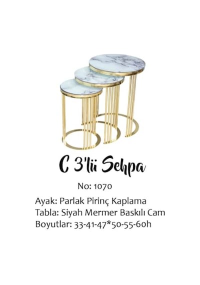 Brc C Zigon Sehpa 3'Lü 1070 Beyaz Mermer Desen Gold Parlak Piri