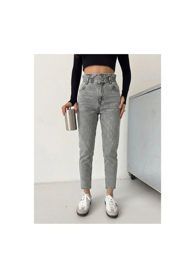 Kene Jeans Gri Kemer Büzgülü Çift Düğme Mom Kot Pantolon Gri