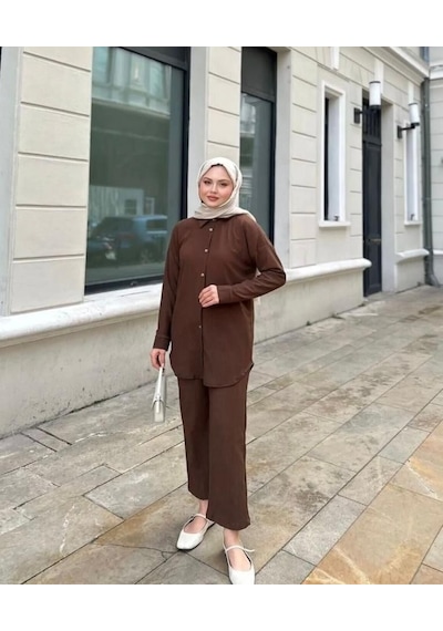 Lovie Moda Kadın İkili Bürümcük Takım Kahverengi